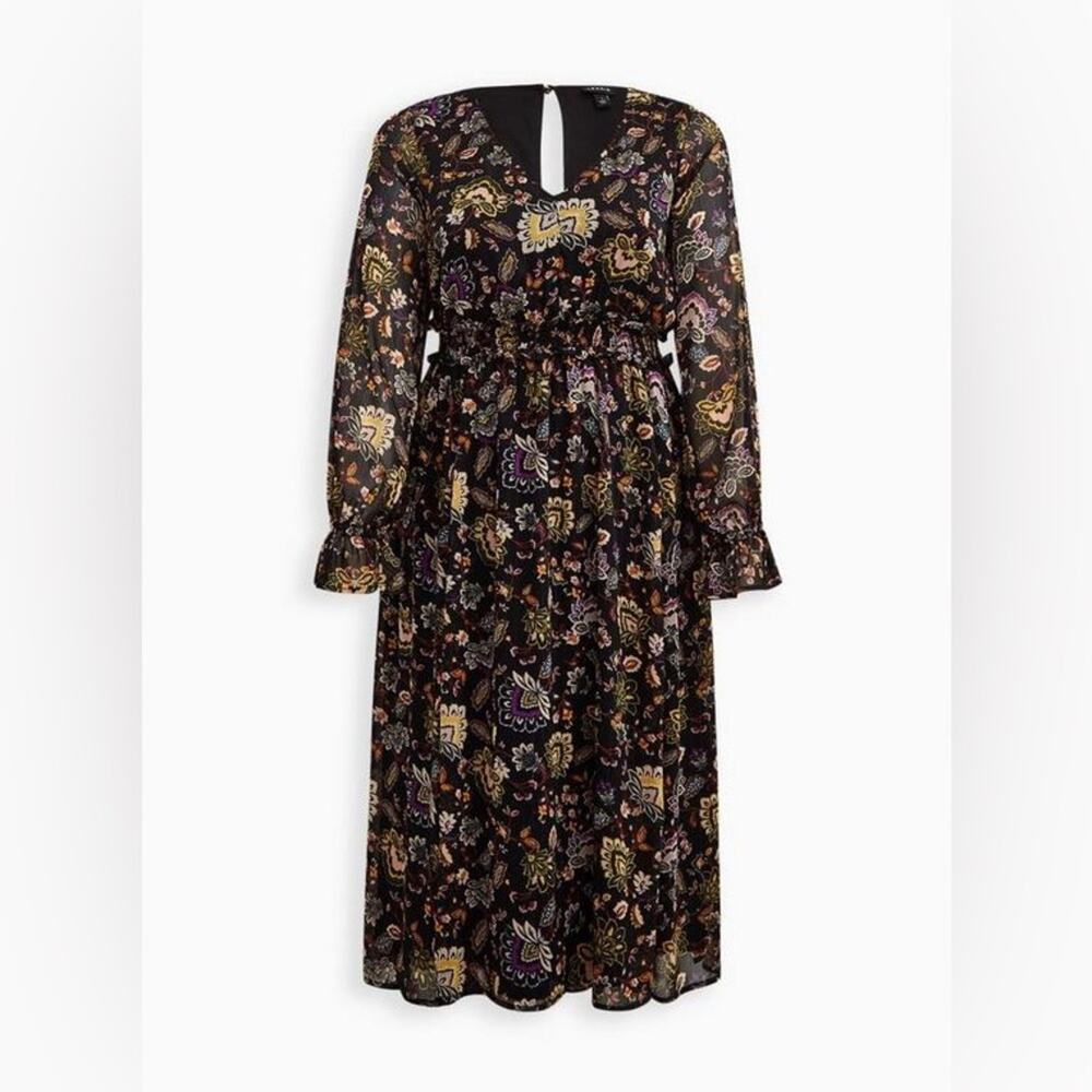 Torrid Black Floral Chiffon Lurex V Neck Tiered Maxi Dress 3X 18491136